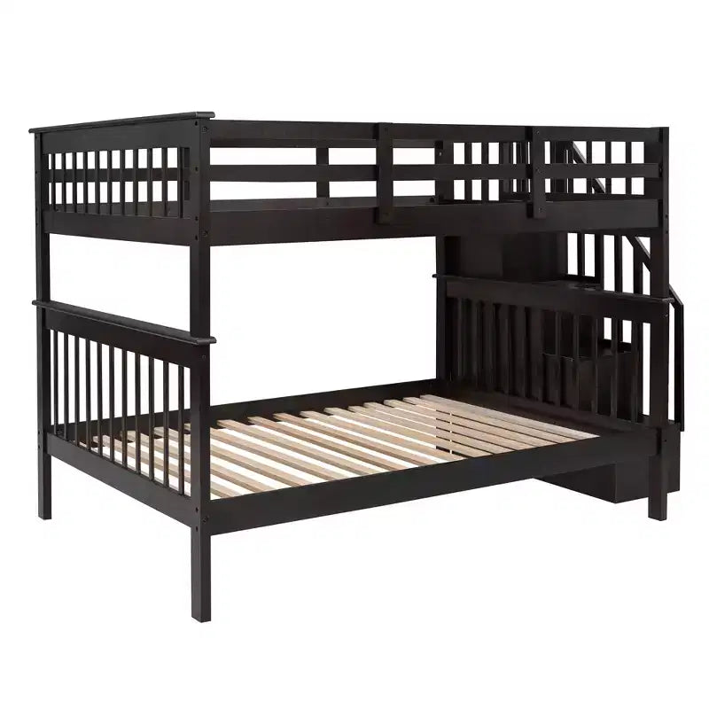 Full over Full Bunk Beds with Stairs, Wooden Full Stairway Bunk Bed with Storage & Guard Rail for Dorm