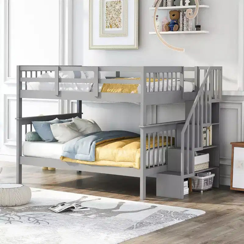 Full over Full Bunk Beds with Stairs, Wooden Full Stairway Bunk Bed with Storage & Guard Rail for Dorm