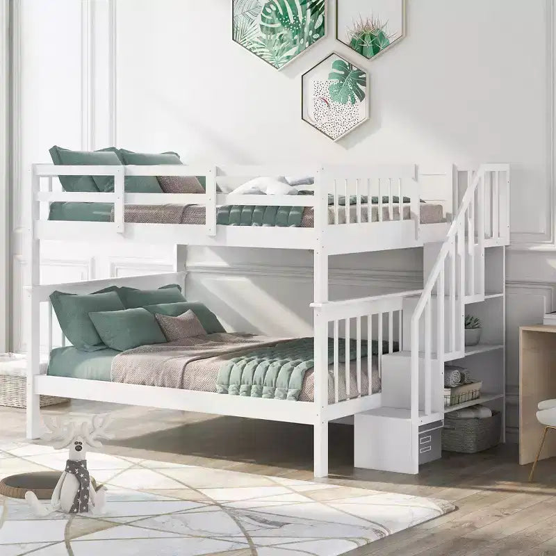 Full over Full Bunk Beds with Stairs, Wooden Full Stairway Bunk Bed with Storage & Guard Rail for Dorm