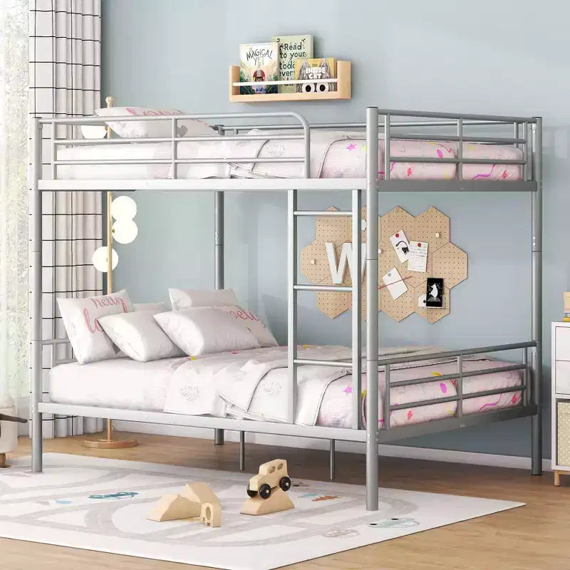 Full over Full Bunk Beds with Ladder & Full-Length Guardrails, Metal Heavy Duty Full Size Bunk Bed Frame with Sturdy Slats