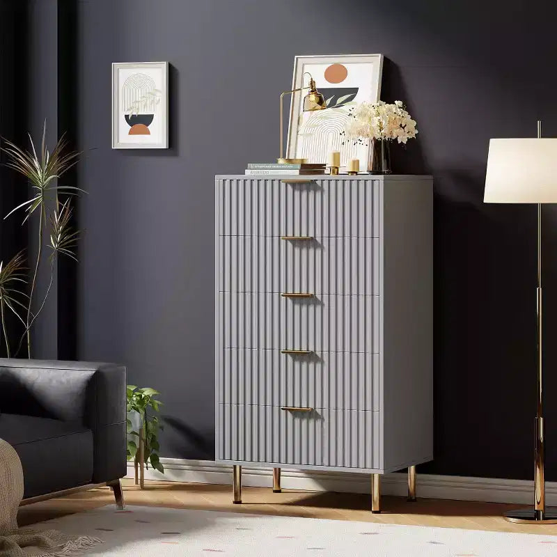 Fluted 5 Drawer Dresser for Bedroom, 48 Tall Modern Chest of Drawers with Deep Drawers and Wide Top, for Living Room, Hallway, Kids Room