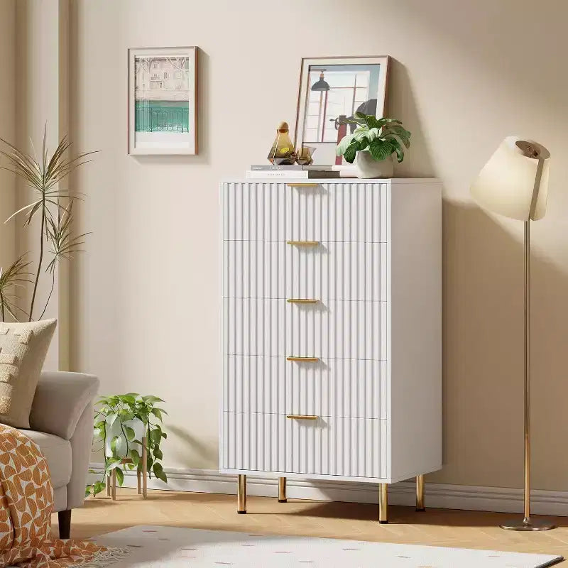 Fluted 5 Drawer Dresser for Bedroom, 48 Tall Modern Chest of Drawers with Deep Drawers and Wide Top, for Living Room, Hallway, Kids Room