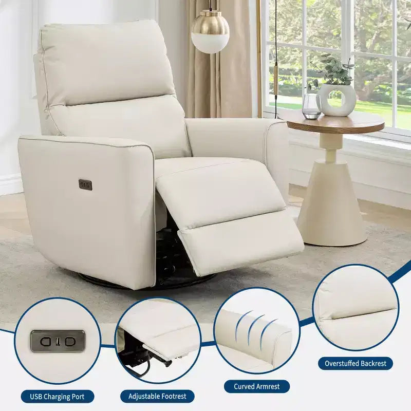 Power Recliner Chair, PU Leather Upholstered Swivel Glider with Adjustable Footrest and Curved Armrest for Living Room, Office, Bedroom