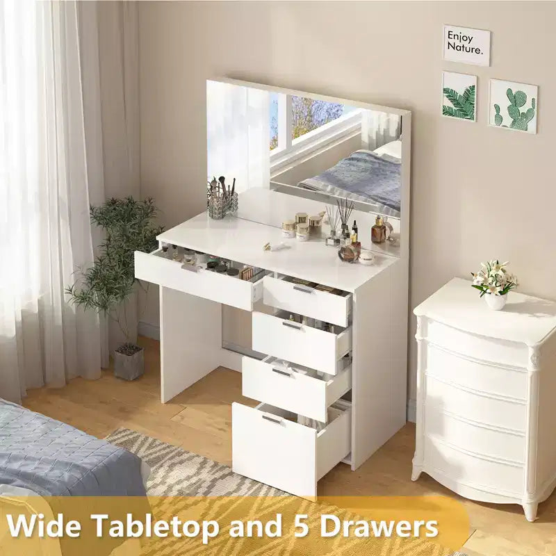White Vanity Desk with Lighted Mirror and 5 Storage Drawers