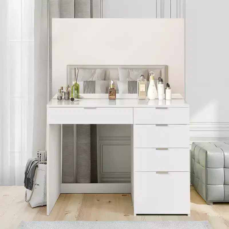 Scrivania da trucco bianca con specchio illuminato e 5 cassetti portaoggetti