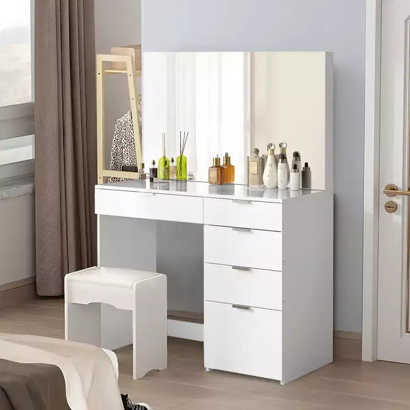 Scrivania da trucco bianca con specchio illuminato e 5 cassetti portaoggetti