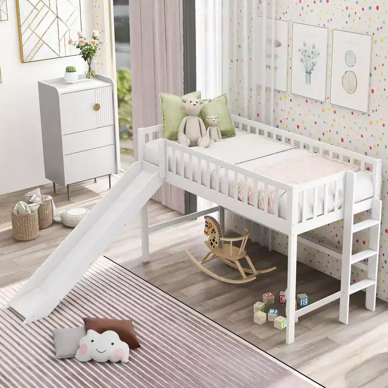 77,4IN Letto a soppalco per bambini singolo/matrimoniale con scivolo, letto singolo con ringhiera di sicurezza e scaletta, telai letto per cameretta bambini, sala giochi