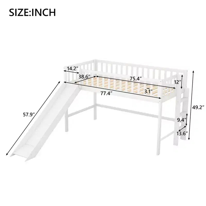 77,4IN Letto a soppalco per bambini singolo/matrimoniale con scivolo, letto singolo con ringhiera di sicurezza e scaletta, telai letto per cameretta bambini, sala giochi