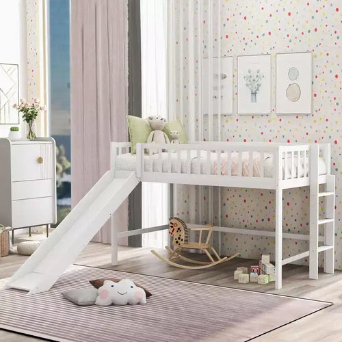 Okak 77.4IN Twin/Full Size Kids Loft Bed with Slide, Twin Bed with Safety Guardrail and Ladder, Bed Frames for Kids Room, Play Room