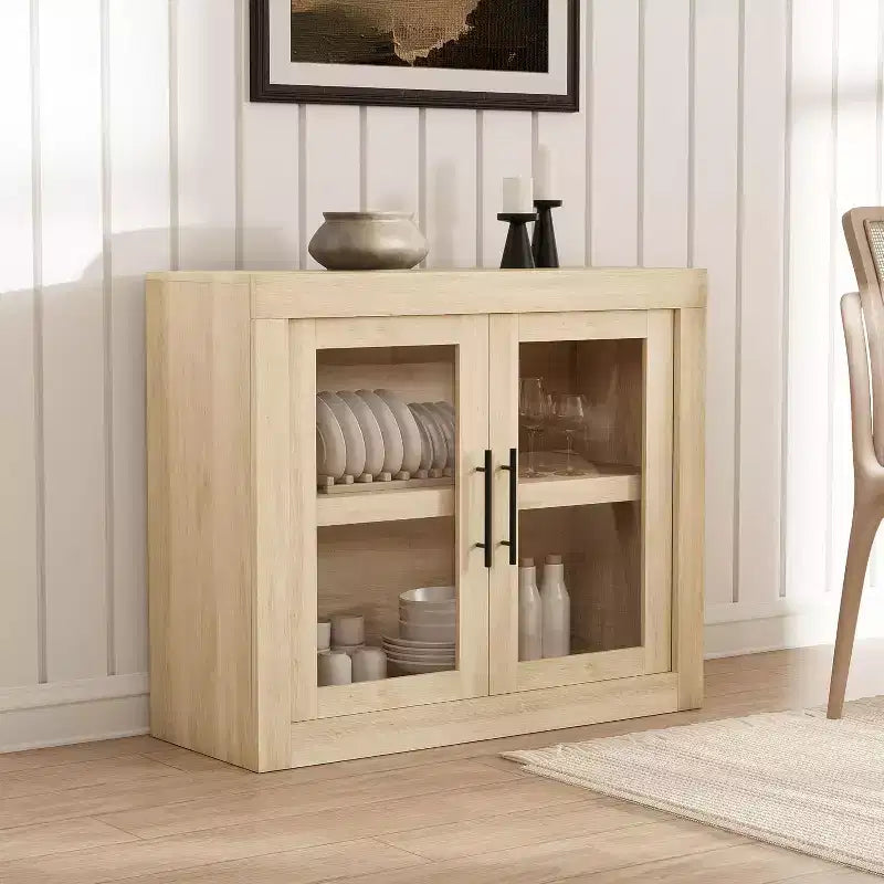 Credenza a Buffet 71 con 4 Ante, Armadietto Accentato Moderno di Metà Secolo con Contenitore per Soggiorno e Cucina, Naturale