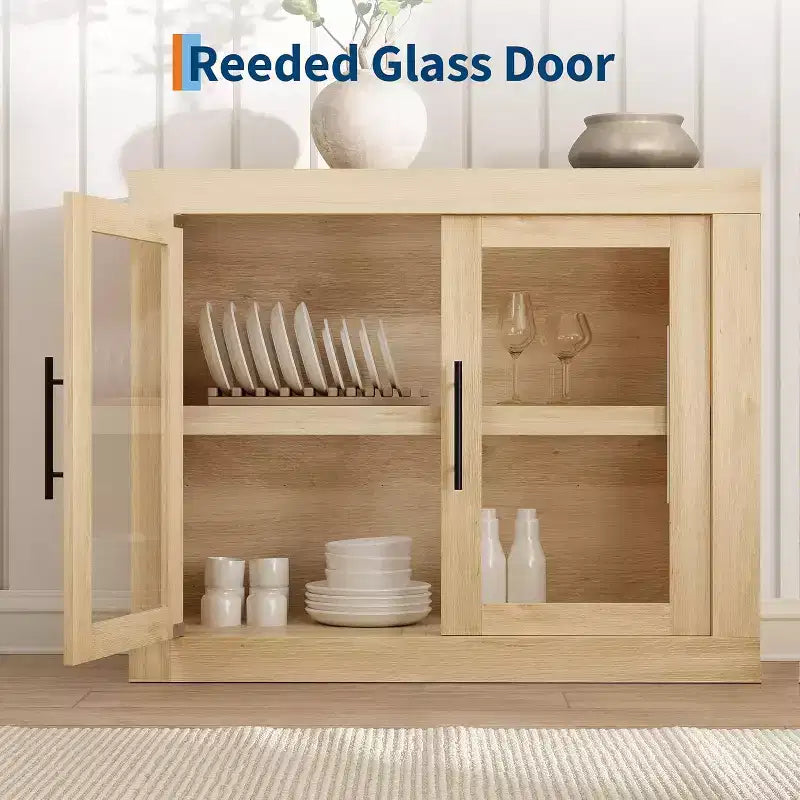 Credenza a Buffet 71 con 4 Ante, Armadietto Accentato Moderno di Metà Secolo con Contenitore per Soggiorno e Cucina, Naturale