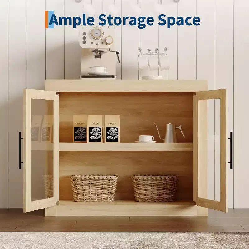 Credenza a Buffet 71 con 4 Ante, Armadietto Accentato Moderno di Metà Secolo con Contenitore per Soggiorno e Cucina, Naturale