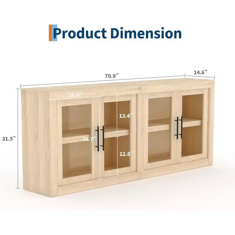 Credenza a Buffet 71 con 4 Ante, Armadietto Accentato Moderno di Metà Secolo con Contenitore per Soggiorno e Cucina, Naturale