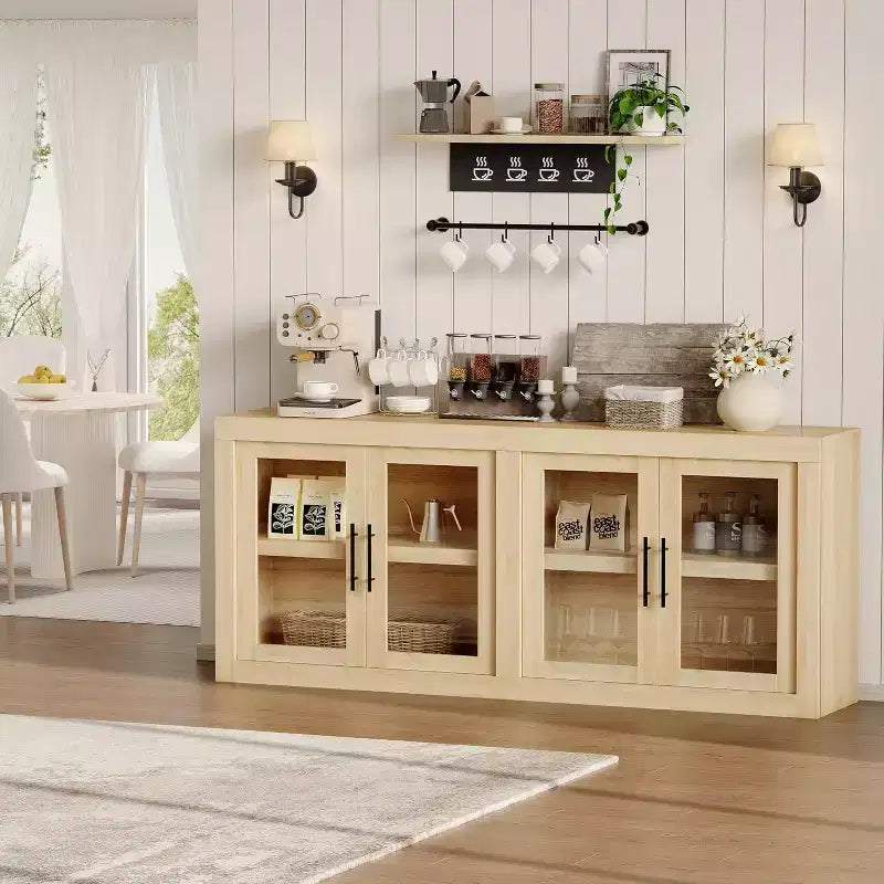Credenza a Buffet 71 con 4 Ante, Armadietto Accentato Moderno di Metà Secolo con Contenitore per Soggiorno e Cucina, Naturale