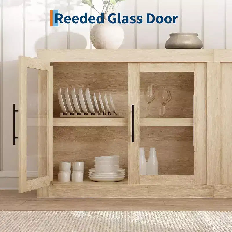Credenza a Buffet 71 con 4 Ante, Armadietto Accentato Moderno di Metà Secolo con Contenitore per Soggiorno e Cucina, Naturale