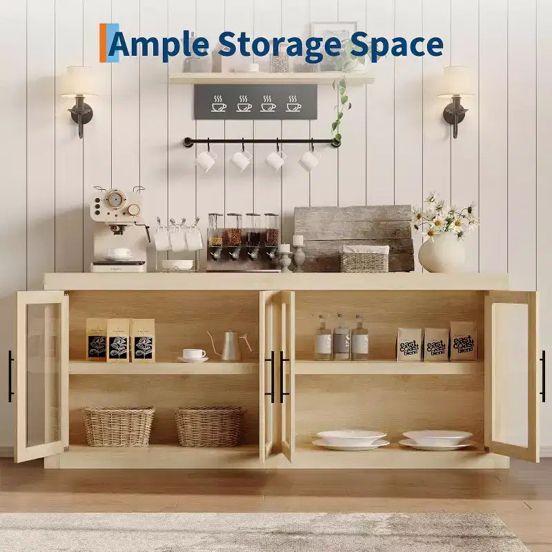 Credenza a Buffet 71 con 4 Ante, Armadietto Accentato Moderno di Metà Secolo con Contenitore per Soggiorno e Cucina, Naturale