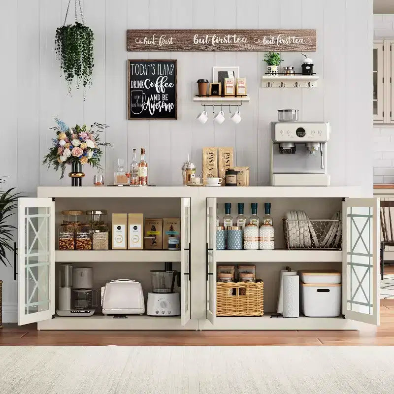 Credenza a Buffet 71 con 4 Ante, Armadietto Accentato Moderno di Metà Secolo con Contenitore per Soggiorno e Cucina, Naturale