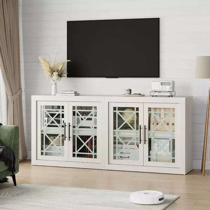 Credenza a Buffet 71 con 4 Ante, Armadietto Accentato Moderno di Metà Secolo con Contenitore per Soggiorno e Cucina, Naturale