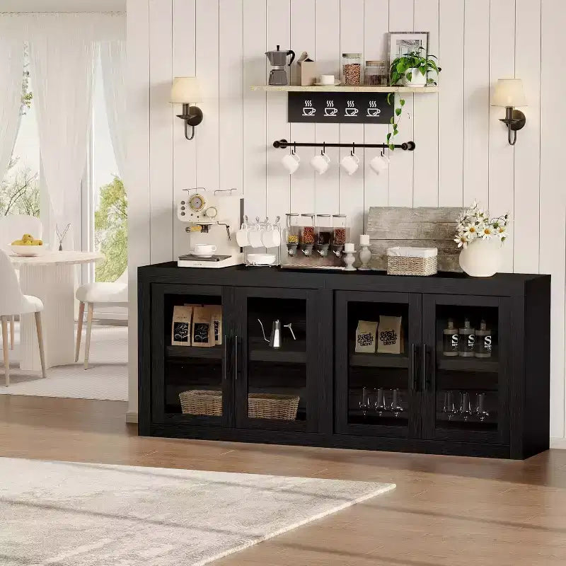 71 Sideboard Buffet Cabinet with 4 Doors, Mid Century Modern Accent Cabinet with Storage for Living Room Kitchen, Natural
