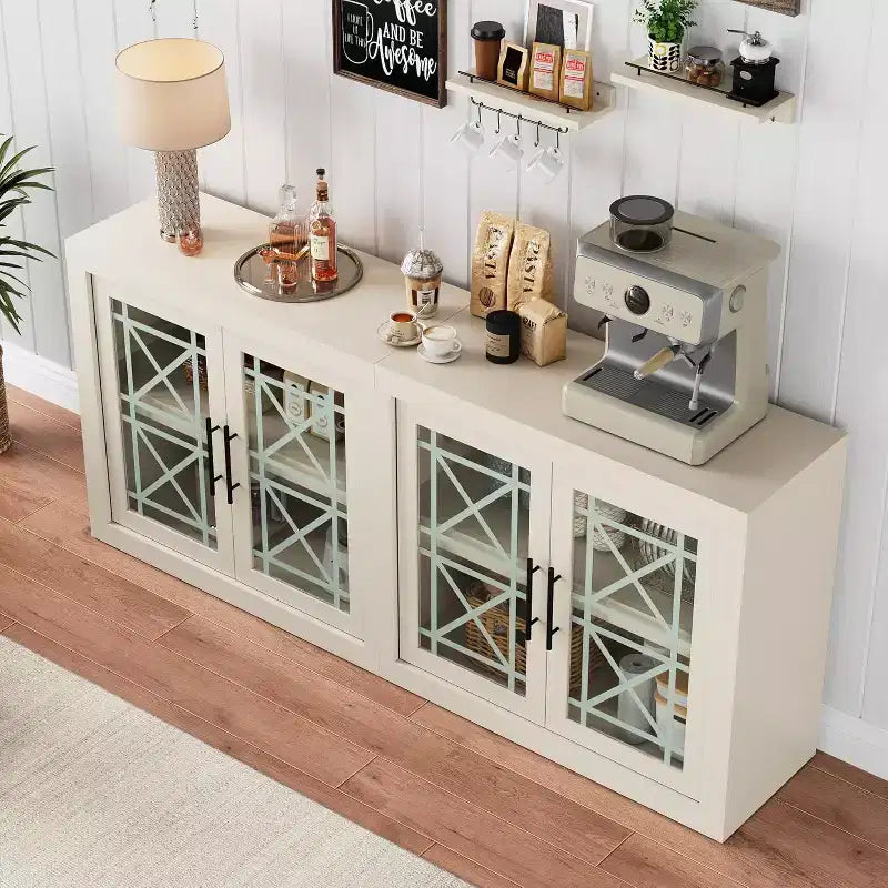 Credenza a Buffet 71 con 4 Ante, Armadietto Accentato Moderno di Metà Secolo con Contenitore per Soggiorno e Cucina, Naturale