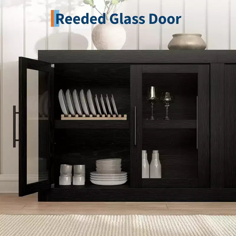 Credenza a Buffet 71 con 4 Ante, Armadietto Accentato Moderno di Metà Secolo con Contenitore per Soggiorno e Cucina, Naturale