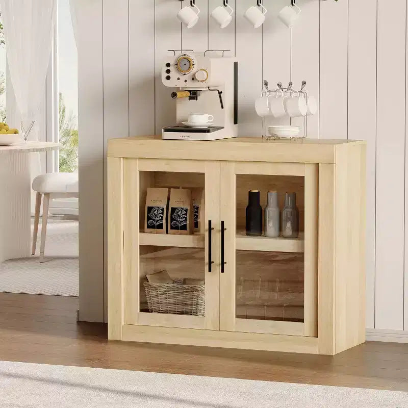 Credenza a Buffet 71 con 4 Ante, Armadietto Accentato Moderno di Metà Secolo con Contenitore per Soggiorno e Cucina, Naturale