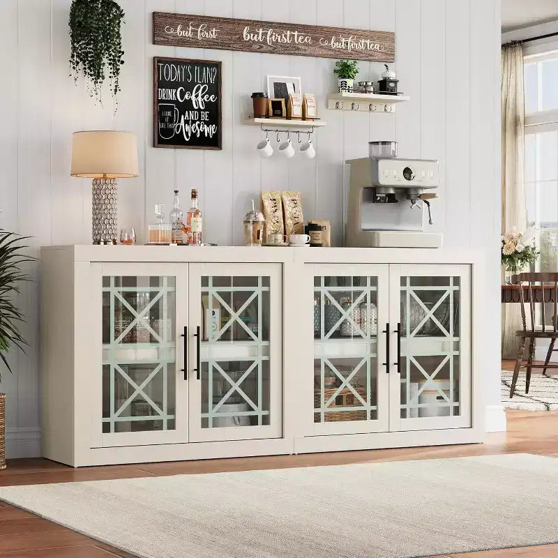 71 Sideboard Buffet Cabinet with 4 Doors, Mid Century Modern Accent Cabinet with Storage for Living Room Kitchen, Natural