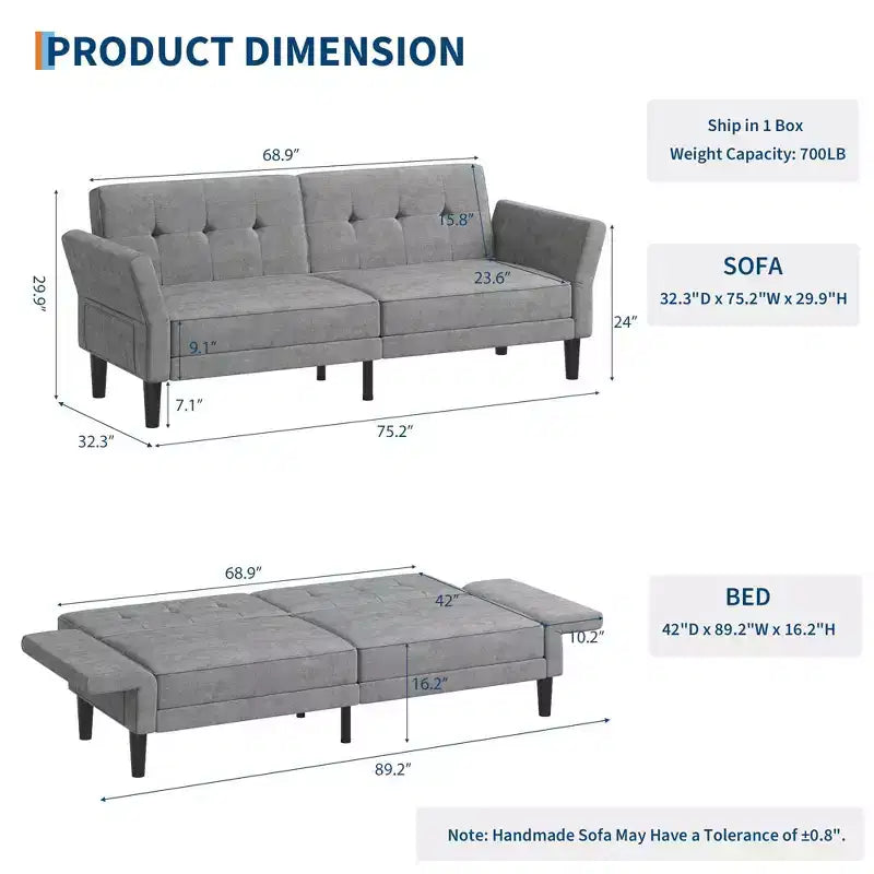 Divano letto futon 89, divano letto convertibile con schienale e braccioli regolabili, divano letto futon moderno