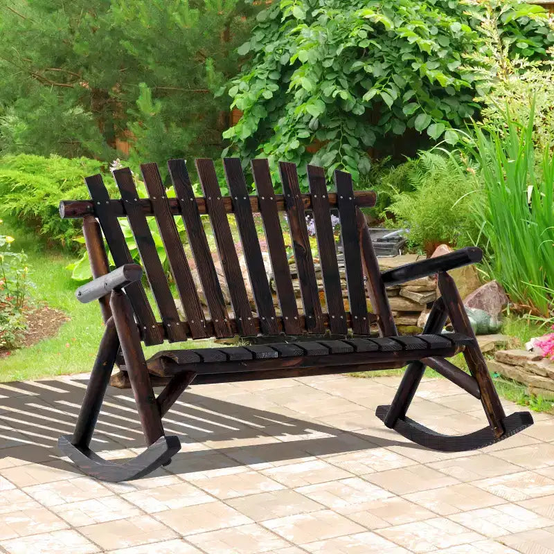 Sedia a dondolo in legno per esterni, dondolo rustico Adirondack biposto con sedile a doghe, schienale alto, braccioli per patio, giardino e portico