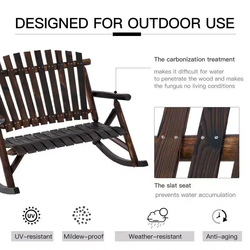 Sedia a dondolo in legno per esterni, dondolo rustico Adirondack biposto con sedile a doghe, schienale alto, braccioli per patio, giardino e portico