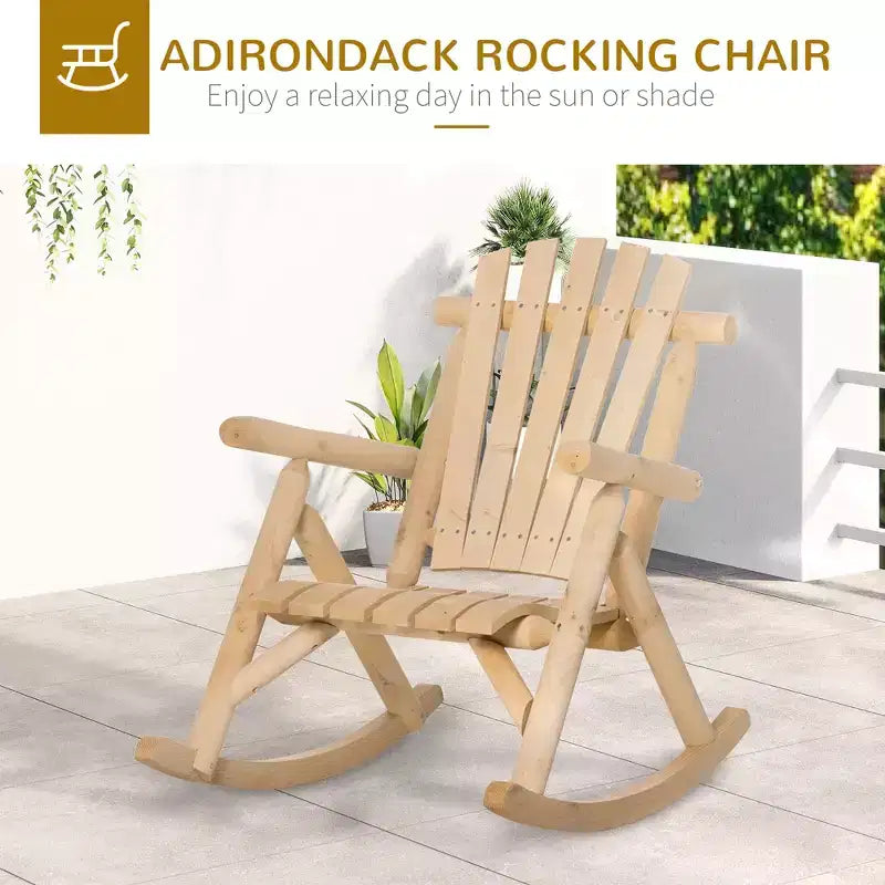 Sedia a Dondolo in Legno da Esterno, Dondolo Adirondack Rustico Monoposto con Seduta a Doghe, Schienale Alto, Braccioli per Patio, Giardino e Portico