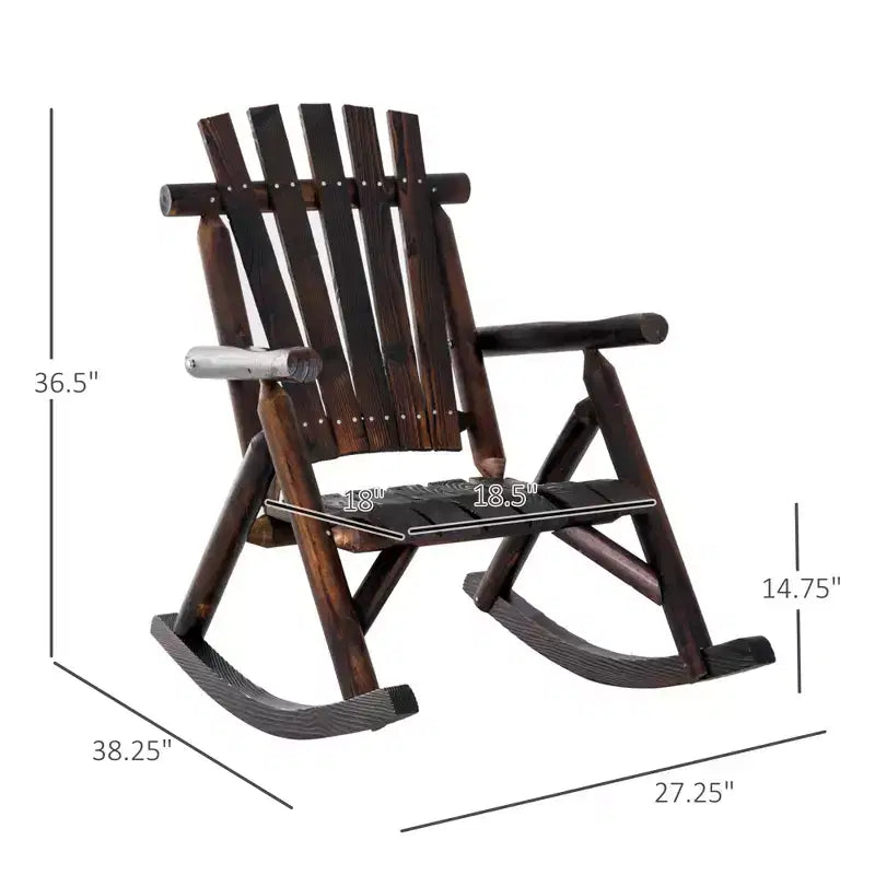 Sedia a Dondolo in Legno da Esterno, Dondolo Adirondack Rustico Monoposto con Seduta a Doghe, Schienale Alto, Braccioli per Patio, Giardino e Portico