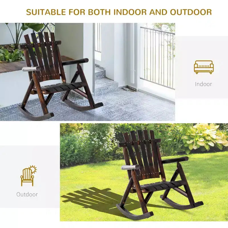 Sedia a Dondolo in Legno da Esterno, Dondolo Adirondack Rustico Monoposto con Seduta a Doghe, Schienale Alto, Braccioli per Patio, Giardino e Portico