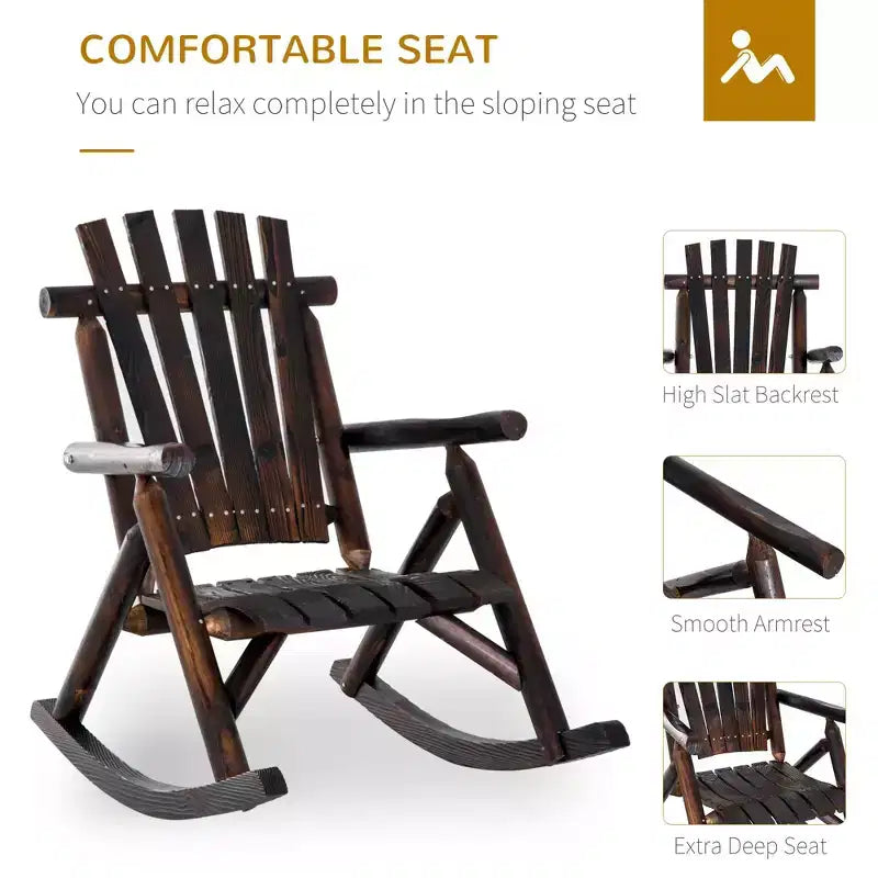 Sedia a Dondolo in Legno da Esterno, Dondolo Adirondack Rustico Monoposto con Seduta a Doghe, Schienale Alto, Braccioli per Patio, Giardino e Portico