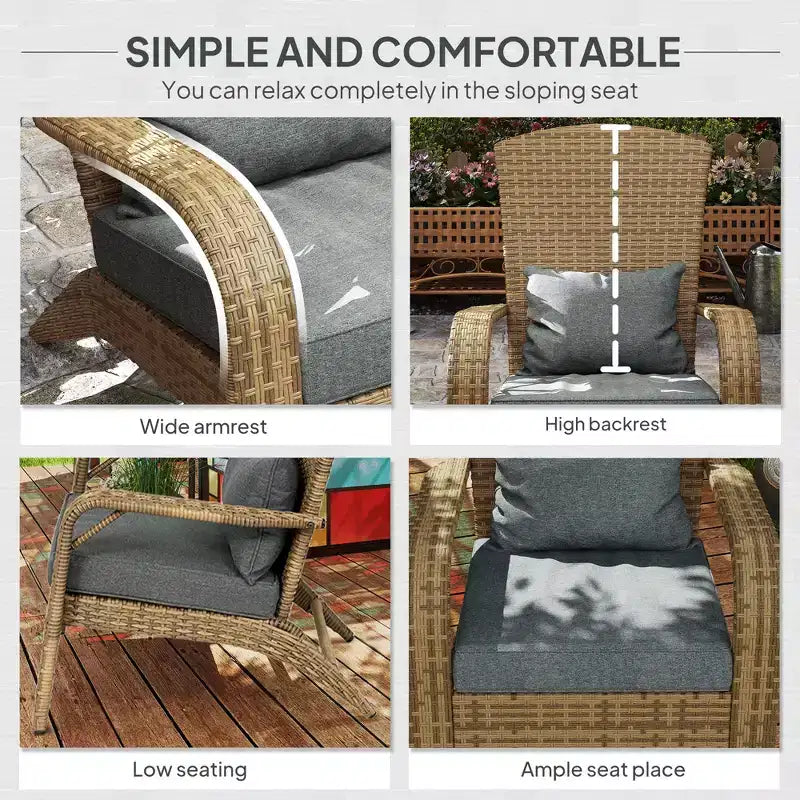 Sedia Adirondack da patio in vimini con cuscini morbidi e schienale alto e curvo per il ponte o il giardino