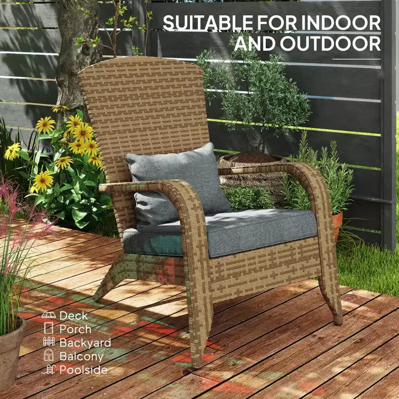 Sedia Adirondack da patio in vimini con cuscini morbidi e schienale alto e curvo per il ponte o il giardino