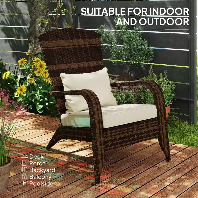 Sedia Adirondack da patio in vimini con cuscini morbidi e schienale alto e curvo per il ponte o il giardino