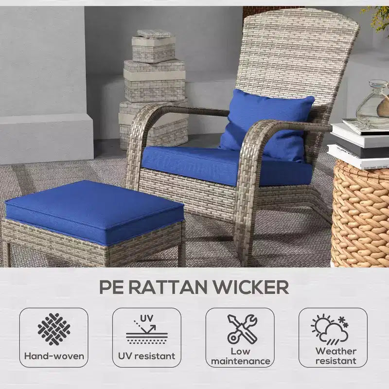 Sedia Adirondack in vimini per braciere con pouf e cuscini