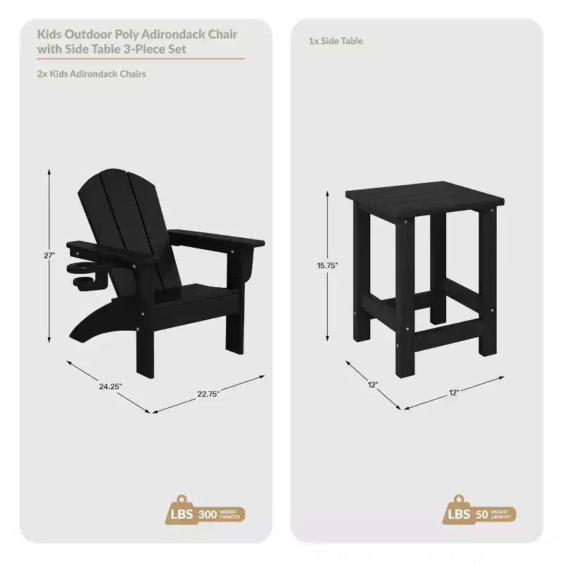 Ensemble de 3 chaises Adirondack WestinTrends Malibu en PEHD pour enfants avec table d'appoint carrée et porte-gobelets