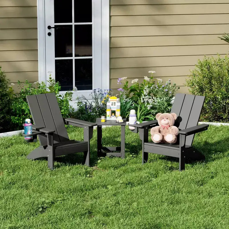 Ensemble de 3 chaises Adirondack modernes WestinTrends Ashore en PEHD pour enfants avec table d'appoint carrée et porte-gobelets