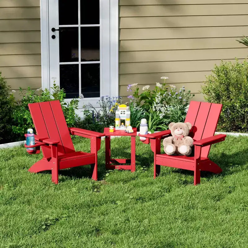 Ensemble de 3 chaises Adirondack modernes WestinTrends Ashore en PEHD pour enfants avec table d'appoint carrée et porte-gobelets