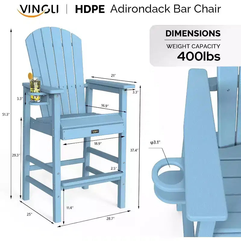 VINGLI Sedia Adirondack Alta Sgabelli da Bar Adirondack in HDPE con Portabicchieri 1 PC, Sgabelli da Bar per Esterni in Polietilene, 158 kg (Blu, 1 PCS)