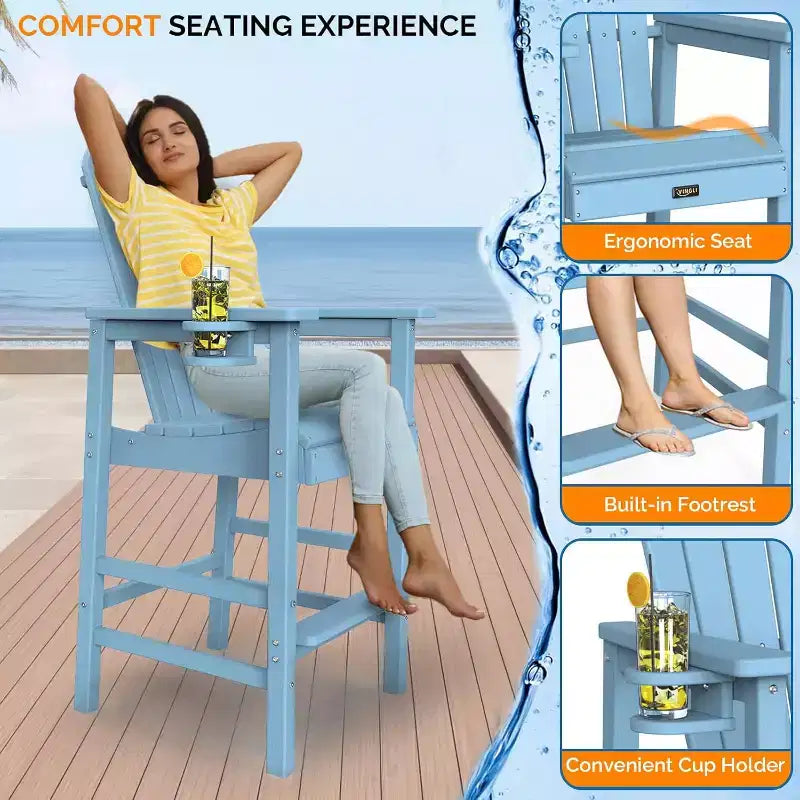 VINGLI Sedia Adirondack Alta Sgabelli da Bar Adirondack in HDPE con Portabicchieri 1 PC, Sgabelli da Bar per Esterni in Polietilene, 158 kg (Blu, 1 PCS)