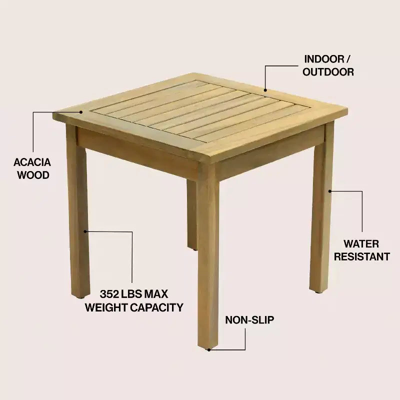 JONATHAN Y Archer 18.9 Table d'appoint Adirondack carrée à lattes en bois d'acacia massif, style classique moderne, pour intérieur/extérieur