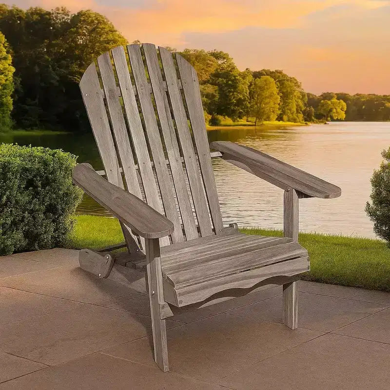 Chaise Adirondack d'extérieur Royal Hampton, dossier à lattes, bois d'eucalyptus gris