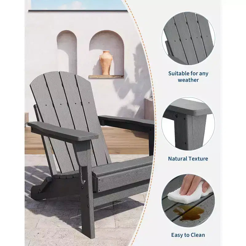 Set di 2 sedie Adirondack pieghevoli - Sedie da esterno in plastica HDPE con finitura effetto legno (grigio) per braciere/terrazzo/patio (portata 172 kg e resistenti alle intemperie)
