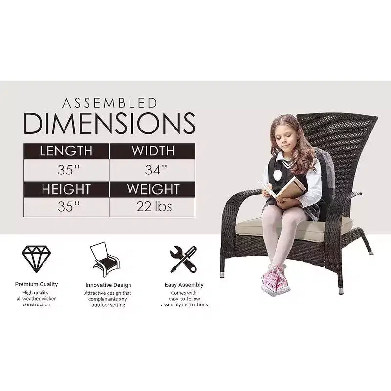 Balkene Home 62966 Coconino, set conversazione in vimini, leggero e durevole, sedie in stile Adirondack, vimini per tutte le stagioni, include cuscini color kaki - Mocha