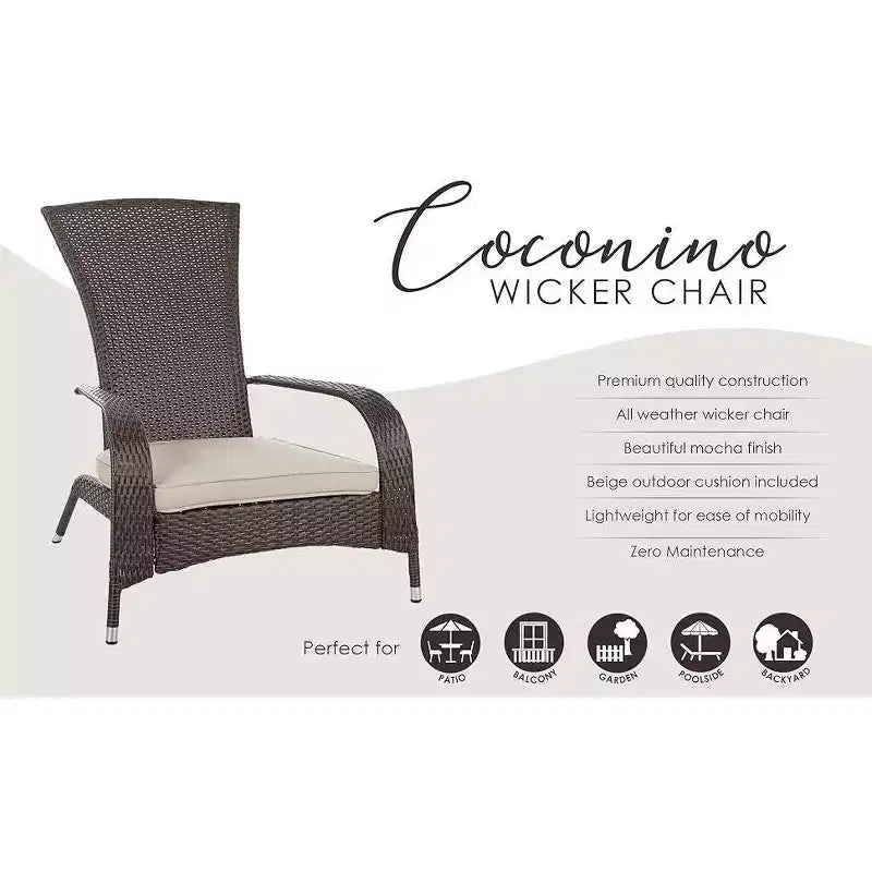 Balkene Home 62966 Coconino, set conversazione in vimini, leggero e durevole, sedie in stile Adirondack, vimini per tutte le stagioni, include cuscini color kaki - Mocha