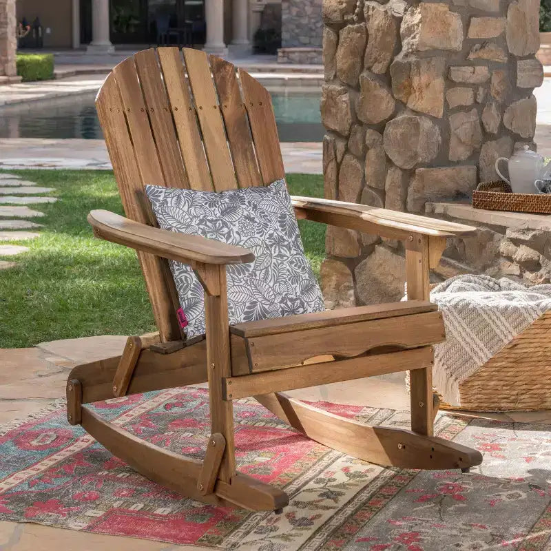 Sedia da esterno Adirondack Okak con sedile a doghe e schienale, sedie a dondolo da esterno con braccioli larghi, sedie da portico per giardino, balcone, naturale