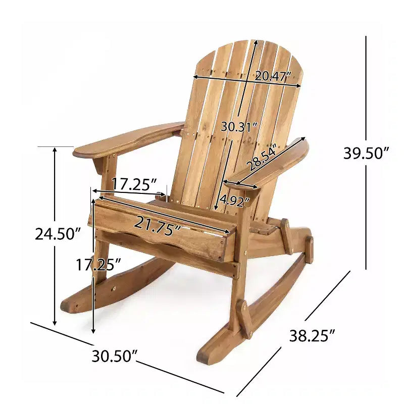 Sedia da esterno Adirondack Okak con sedile a doghe e schienale, sedie a dondolo da esterno con braccioli larghi, sedie da portico per giardino, balcone, naturale